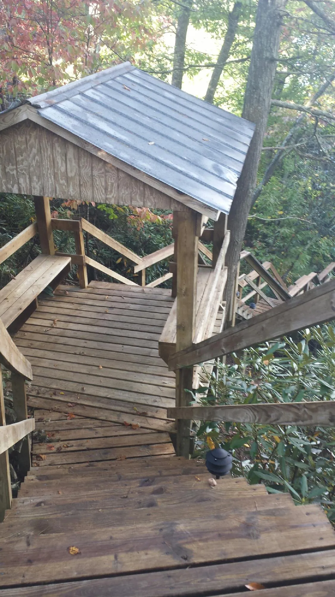 Metal roofed shelter over wooden steps on a wooded walkway — Skylight Repair & Installation work by our crew in Lolo